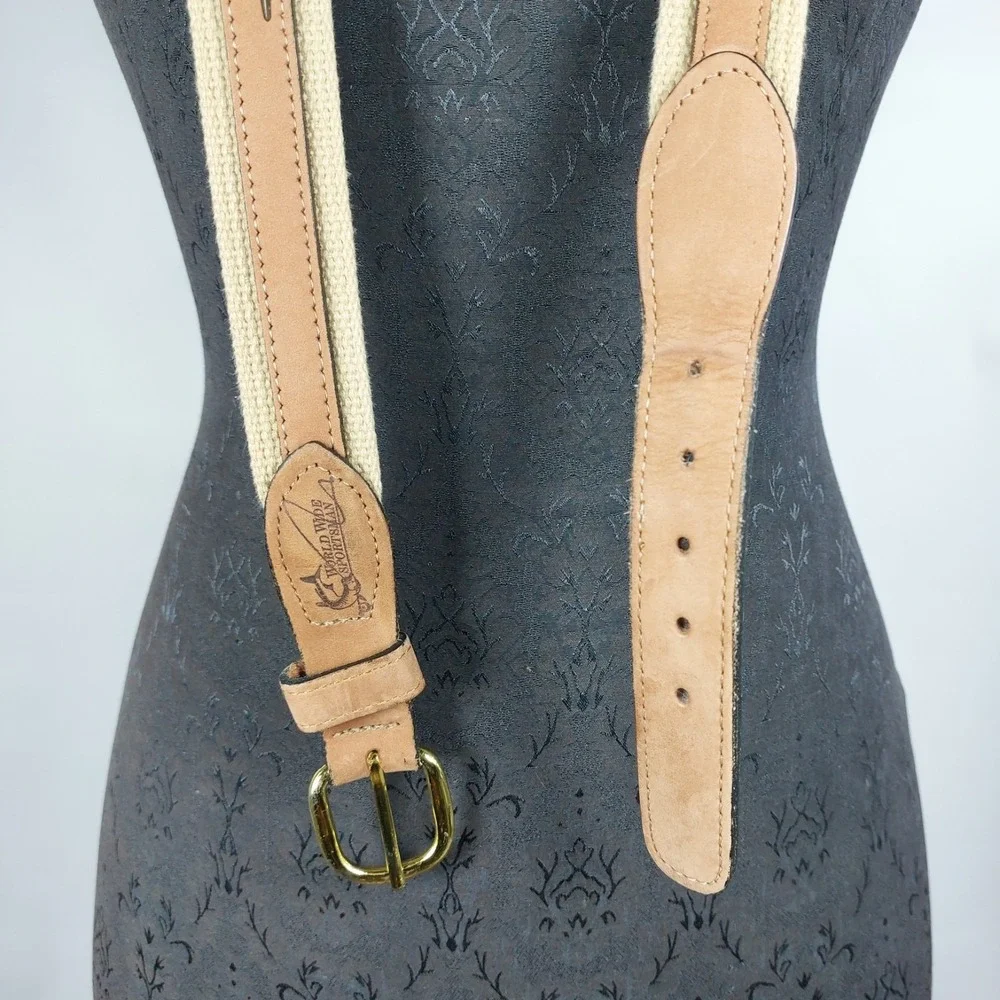 World Wide Sportsman Buck Leather Belt Sz 46 Bronze Fish Medallion Brass Buckle